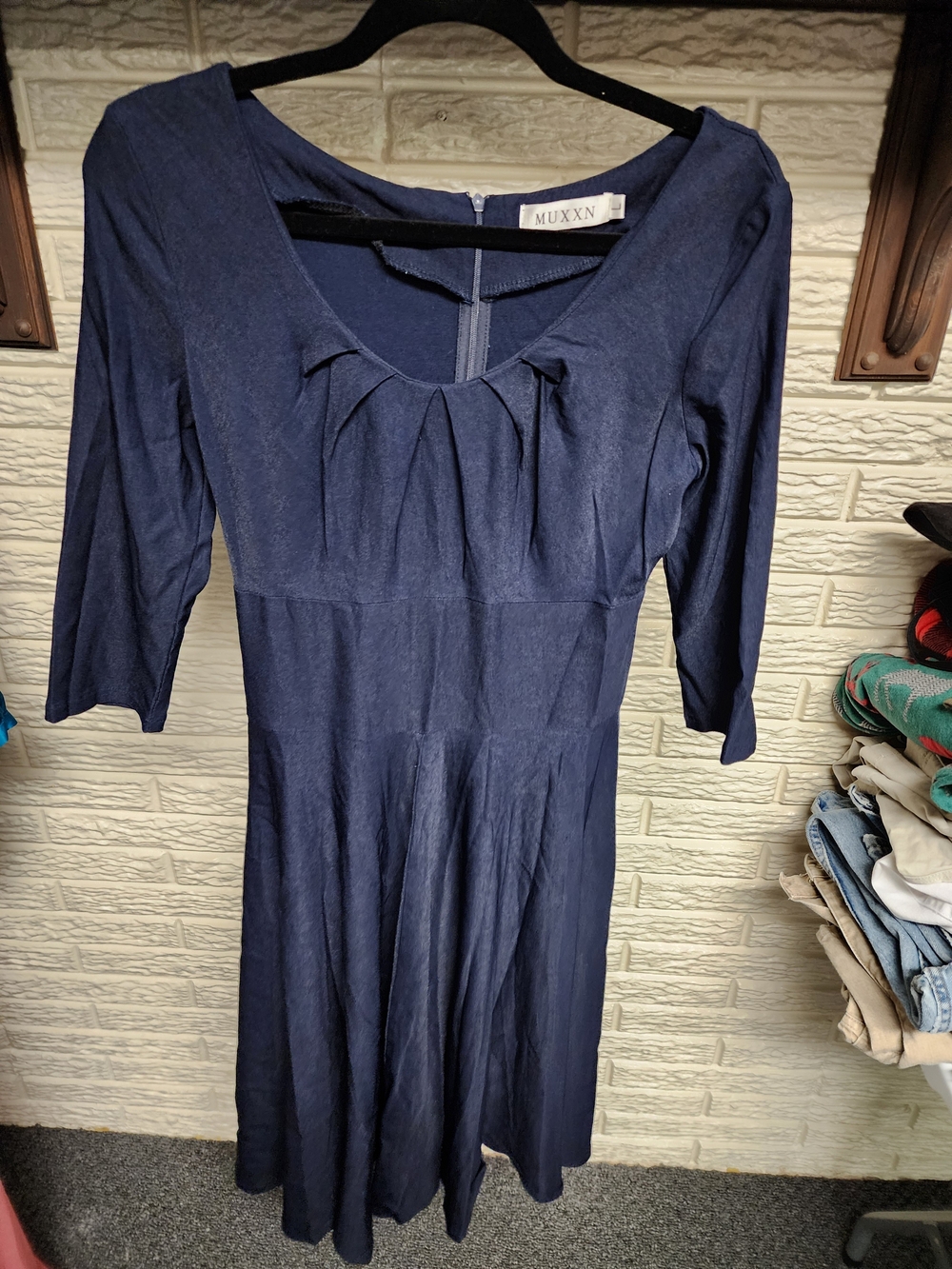 Muxxn Retro 1950's Flair Dress Navy Pleated Scoop Neck Midi